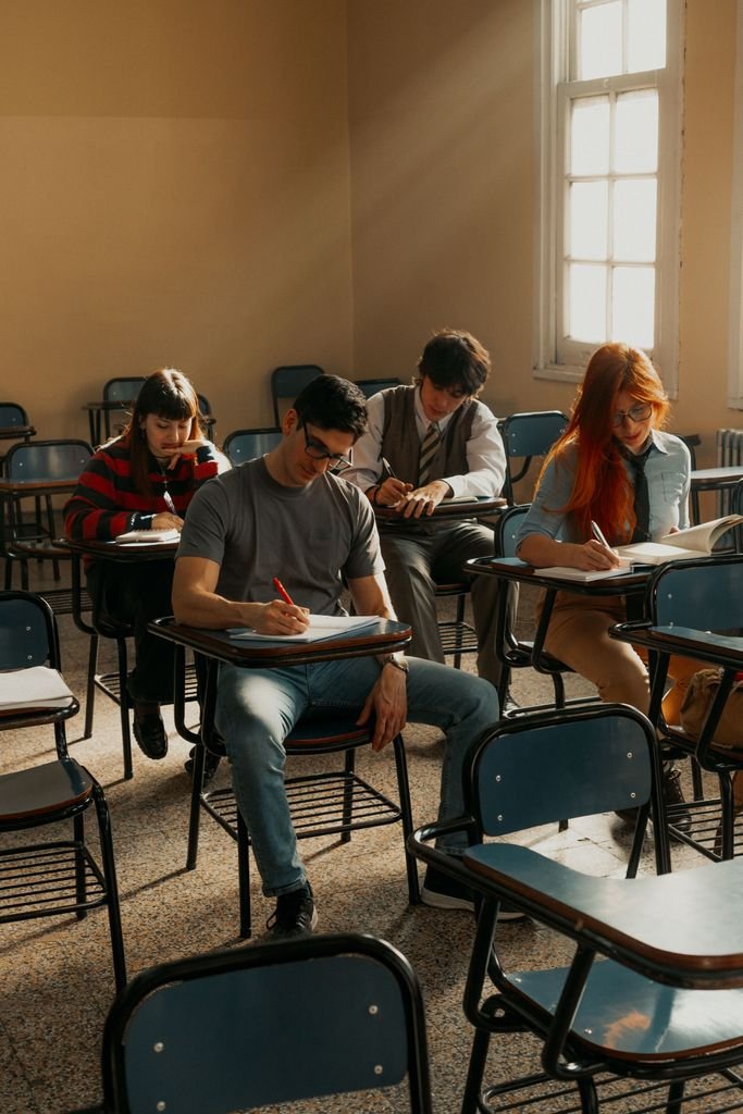A group of university students concentrating during an exam in a sunlit classroom.